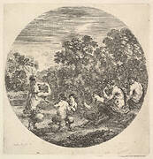 Two satyrs and a faun seated to right watching two child satyrs and another satyr with an child on his shoulders dance to left, a round composition, from 'Six animal subjects' (Six sujets d'animaux)