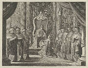 Plate 8: Emperor Maximilian II granting a crown to the coat of arms of Amsterdam, from Caspar Barlaeus, "Medicea Hospes"