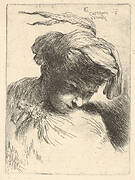 Young man looking down to right,  from the series of  'Small Heads in Oriental Headdress'