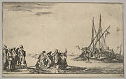 A rowboat full of men in center, a group of men standing on shore at left, a ship full of men, one firing a pistol, at right, from 'Set of eight nautical landscapes' (Suite de huit Marines)