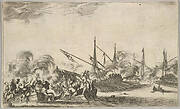Combat between several rowboats and ships, two groups of men in rowboats fighting to left, two ships full of combatants to right, other ships and clouds of smoke in the background, from 'Set of eight nautical landscapes' (Suite de huit Marines)