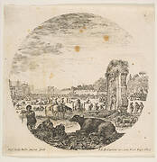 Plate 2: Campo Vaccino, a buffalo and two shepherds in center, the Fontanone to right in the middleground, various animals and people in the background, a round composition, from 'Roman landscapes and ruins' (Paysages et ruines de Rome)