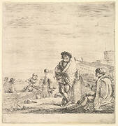 Standing sailor in center talking to a seated Levantine man to left, seen in profile, other sailors with a boat to left in the background