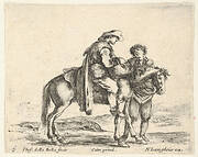 Plate 6: a peasant on horseback in profile facing the right, holding a basket and talking to another man standing behind the horse, from 'Diversi capricci'