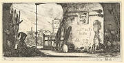 Plate 2: a soldier seated to left beneath an archway, another lying on the ground to right alongside military equipment, from 'Troops, cannons, and attacks on towns' (Dessins de quelques conduites de troupes, canons, et ataques de villes)