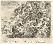 Plate 23: a satyr sitting against a tree to right and holding a flute in his right hand, a child playing with a goat to left, from 'Diversi capricci'