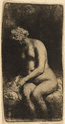 Nude Seated on a Bench with a Pillow (Woman Bathing Her Feet at a Brook)