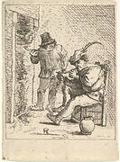 Two male peasants holding pipes before a fireplace, one seated with the pipe held to his mouth, to his left the other stands with the pipe in his right hand, after a series of four prints of peasants by David Teniers the Younger