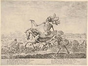 Death on a battlefield, atop a horse riding towards the left, wearing a hat with many feathers, other figures of Death battling to left and right in the background