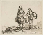 Plate 14: a young peasant woman and her child sitting side saddle atop a horse in center, another peasant woman to right, holding a large bag in her left arm, from 'Diversi capricci'