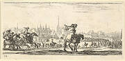 Plate 12: a procession of troops enter a city, horseman in center playing a trumpet towards the left, horsemen at left galloping towards the right, from 'Troops, cannons, and attacks on towns' (Dessins de quelques conduites de troupes, canons, et ataques de villes)