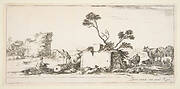 Plate 12: a seated draughtsman to left, a standing shepherd next to him to right, ruins and animals to the right, a tower in ruins to left in the background, from 'Various landscapes' (Divers paysages)