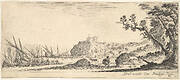 Plate 7: various boats on shore to left, a man carrying a bag, seen from behind and walking towards the background, a fortress in center background, a tree to the right, from 'Various landscapes' (Divers paysages)