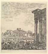 The columns of the Temple of Antoninus to right, a part of the Campo Vaccino in center and at left, along with various animals and figures, the Palatine ruins in the background, from 'Six large views, four of Rome, and two of the Roman countryside' (Six grandes vues, dont quatre de Rome et deux de la Campagne romaine)