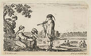 A man playing the violin in center, turned towards the left in profile, a seated woman to left playing with her dancing child, another woman standing and pointing behind a tree to left, seated women in a landscape to right in the background, from 'Various figures and lands' (Diverse figure e paesi)