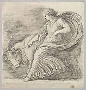 A woman in profile pulling back on a rope tied around the horns of a young bull