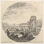 Plate 2: Campo Vaccino, a buffalo and two shepherds in center, the Fontanone to right in the middleground, various animals and people in the background, a round composition, from 'Roman landscapes and ruins' (Paysages et ruines de Rome)