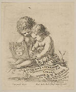Plate 1: two children sitting on the ground, the child on the right drawing while the child on the left holding the album, the title page from 'The Book for Learning to Draw' (Livre pour apprendre à dessiner)