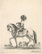 A horseman in profile walking to the left, two horsemen duel with pistols in the background, from 'Various cavalry exercises' (Diverses exercices de cavalerie)