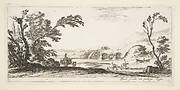 Plate 3: two horsemen crossing a river to right, a woman with two baskets atop a donkey to left, trees to the left and right, a bridge in the background, from 'Various landscapes' (Divers paysages)