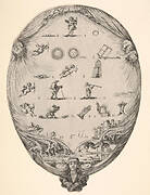 Rébus on the subject of love, a riddle depicted on drapery, below a landscape with a pyramid and two obelisks, a bust of a sphinx at bottom, an oval composition