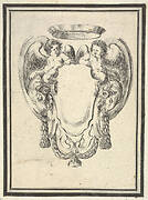 Plate 12: a cartouche flanked by two winged infant satyrs riding on the heads of two rams, from 'Nouvelles inventions de Cartouches'