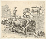 Plate 9: a cow ascending a bank, a peasant woman leading two cows across a bridge in background, from 'Diversi capricci'