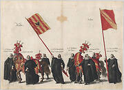 Plate 33: Men with heraldic flags and horses from Mechelen and Salins marching in the funeral procession of Archduke Albert of Austria; from 'Pompa Funebris ... Alberti Pii'