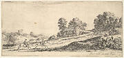 Plate 9: two horsemen at left galloping uphill towards the right, a horse and seated man to right, from 'Various landscapes' (Divers paysages)