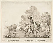 Plate 2: a peasant woman herds two cows across a stream, walking towards the left, from 'Diversi capricci'