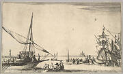 A galley arriving at port to left, several rowboats in center, ships at port to right, from 'Set of eight nautical landscapes' (Suite de huit Marines)