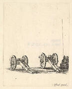 Two cannons, two soldiers seen from the back seated to the right, from 'Equipment needed for Fortification' (Recueil de diverses pièces très nécessaires à la fortification)