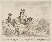 Plate 10: two horsemen descending a mountain at left, another horseman to right in background, from 'Diversi capricci'