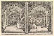 Two views of a grotto, both views with a fountain with a seated statue, seen from the left and right sides, from 'Views of the villa at Pratolino' (Vues de la villa de Pratolino)