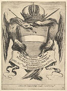 Frontispiece for 'The funeral of Emperor Ferdinand II' (Esequie dell'imperadore Ferdinando II): the imperial coat of arms in center, supported by two eagles, the eagle on the left holding a scepter in its mouth, the eagle on the right holding a sword in its mouth