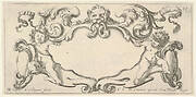 Plate 1: a cartouche with a lion head with wings at top center, a putto holding a blank escutcheon to either side, from 'Twelve cartouches' (Recueil de douze cartouches)