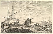 A galley covered in sails to left, six cannons and four people to left in foreground, one man seated at far left smoking a pipe, a man assisting others disembarking from rowboats to right, other rowboats and ships in the background, from 'Views of the port of Livorno' (Vues du port de Livourne)