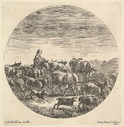 A peasant woman seated on a horse to left, facing right, surrounded by a herd of fcows, goats, sheep, and dogs, a round composition, from 'Six animal subjects' (Six sujets d'animaux)