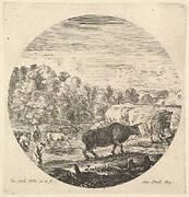 Two cows in center, followed by two peasant women and other cows in the river to left, a round composition, from 'Six animal subjects' (Six sujets d'animaux)