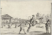 A riding school, a horseman with sword jumping directed by another man with a sword in center, a man standing next to his horse to right, various horsemen, the school, and two dogs in the background, from 'Varie figure'