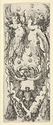 Two putti above, their legs ending in scrollwork, a bat below,  from 'Ornaments or Grotesques' (Ornamenti o Grottesche)